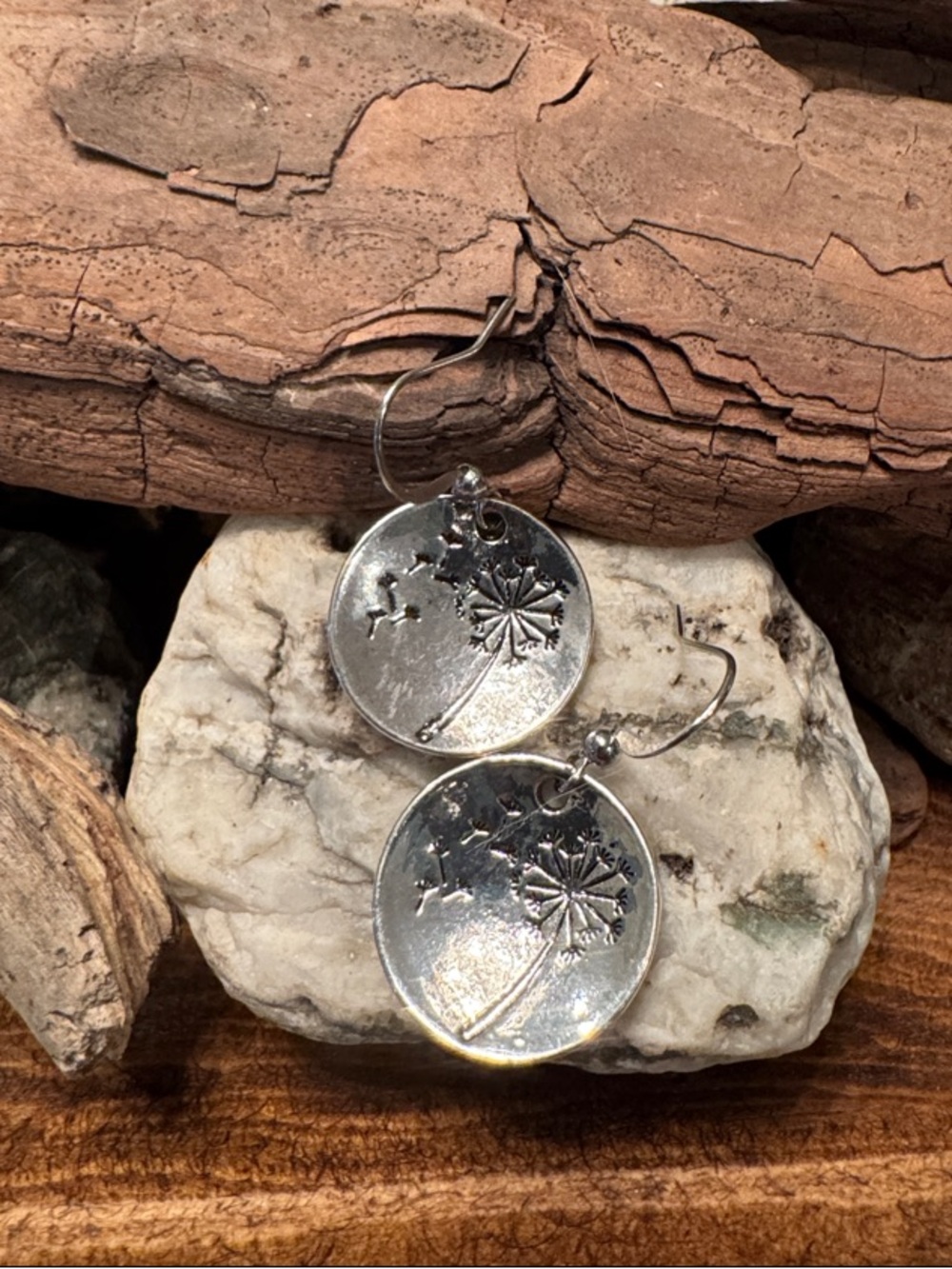 Silver Tone Dandelion Disc Drop Earrings